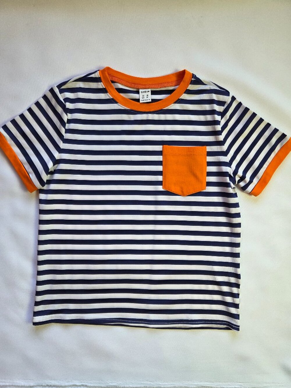 Shein Pocket Patched Striped Boys T-Shirt(size 8Y)- Blue/White/Orange